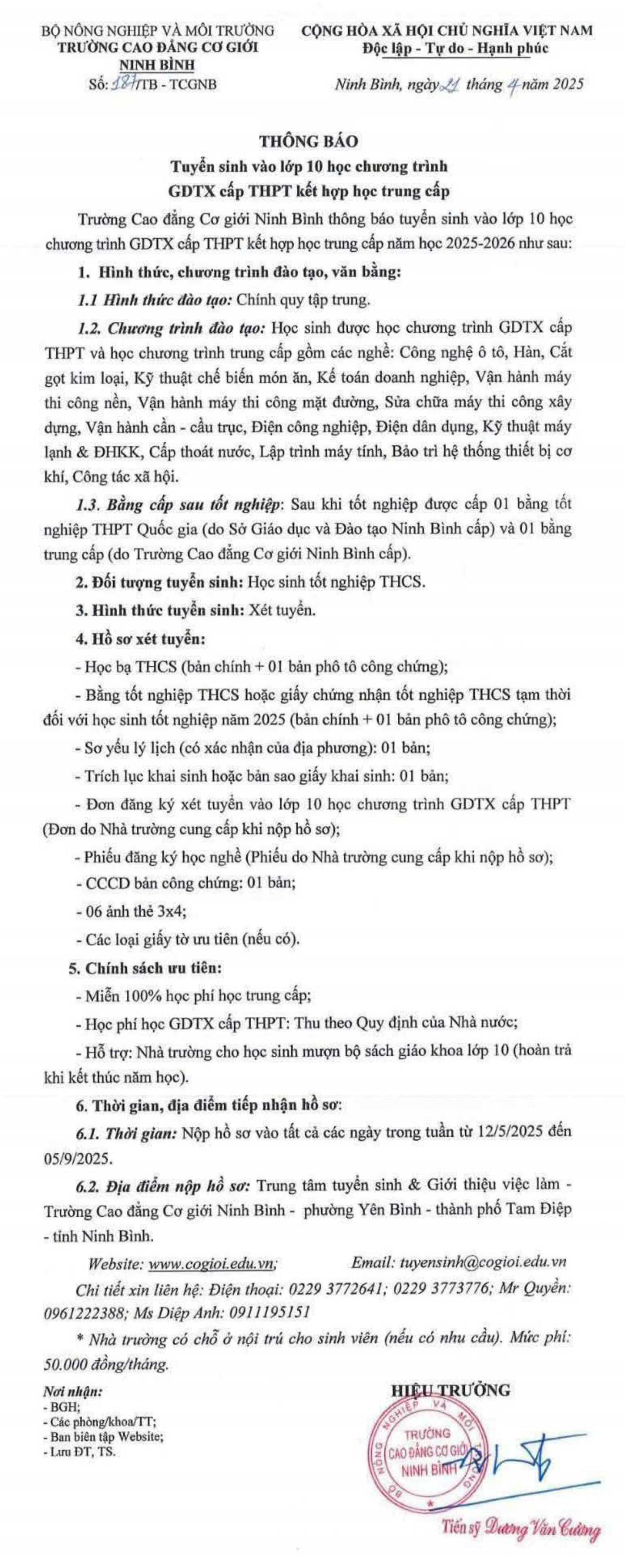 Thong bao tuyen sinh lop 10 he GDTX hoc trung cap nghe